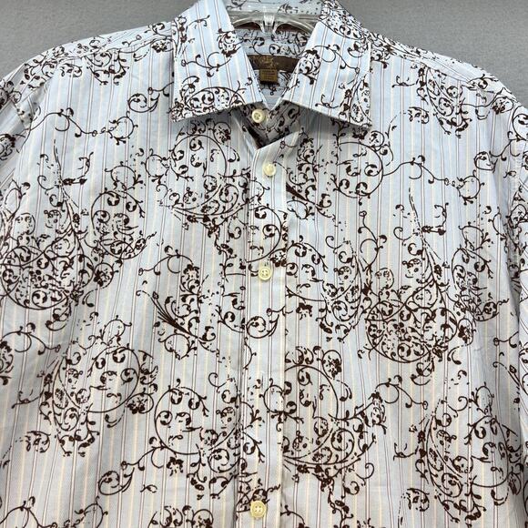 BLUE Pronto Uomo Dress Shirt Men's Size Large Blue and Brown Striped Paisley - Picture 2 of 11